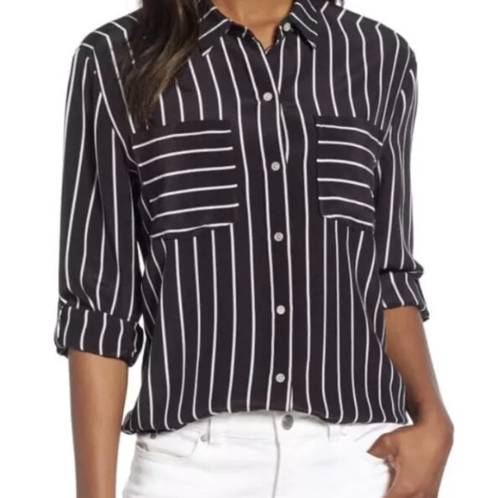 Long-Sleeve Collared Striped Shirt Blouse XS - OBO